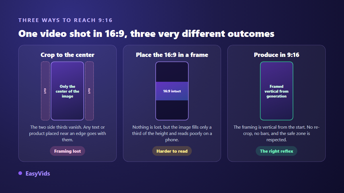 Three ways to turn a 16:9 video into a vertical 9:16 story: centre crop, letterboxed frame, native vertical production