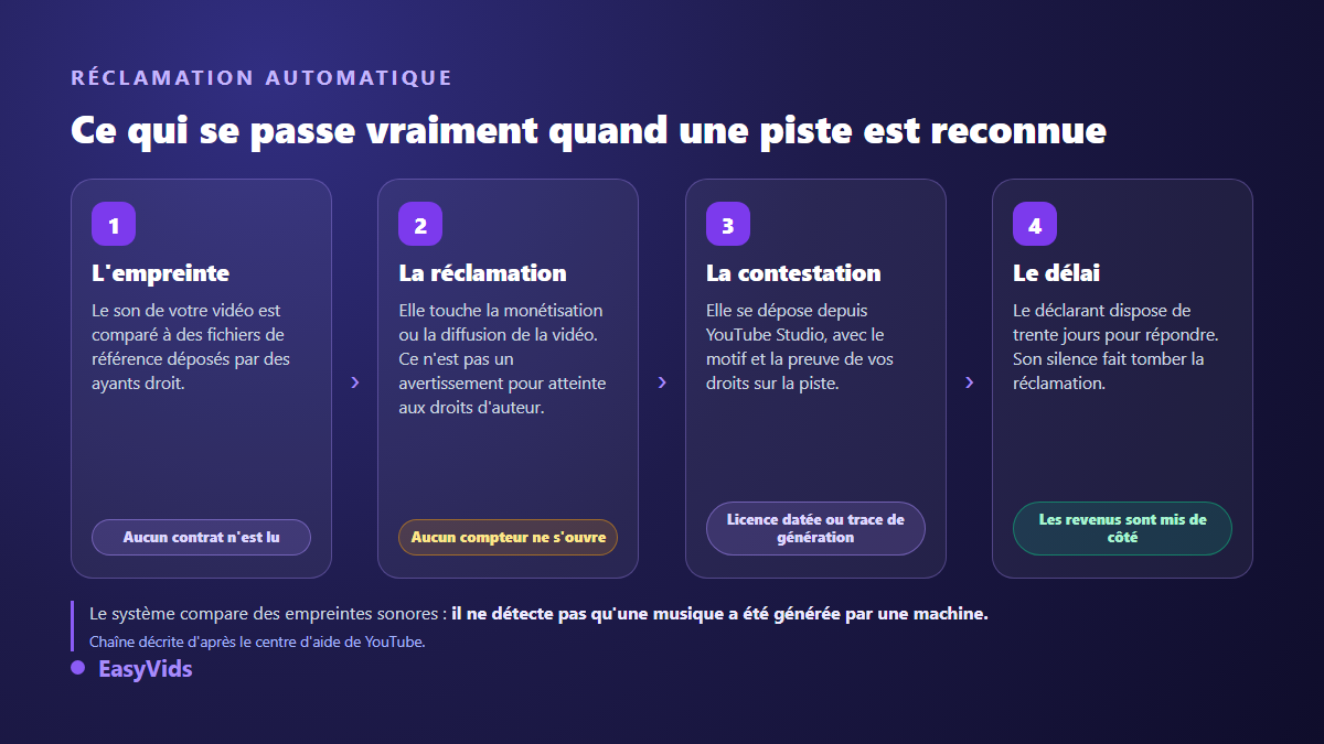 Chaîne d'une réclamation Content ID sur une musique de fond : empreinte, réclamation, contestation et délai de trente jours