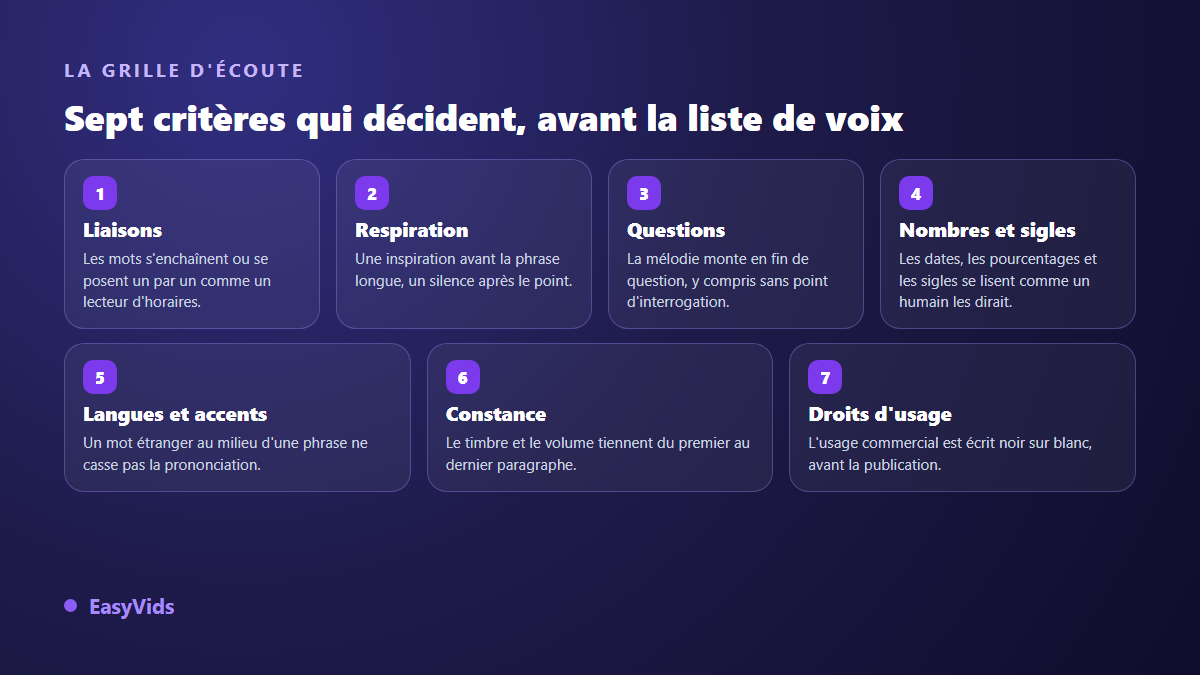 Grille d'écoute d'une voix off IA : liaisons, respiration, intonation des questions, nombres et sigles, langues, constance et droits d'usage