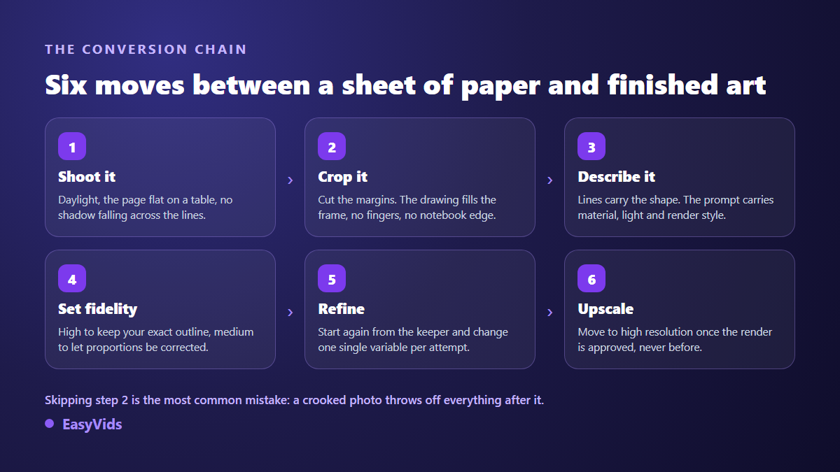 The six steps of a sketch to image AI conversion: shoot, crop, describe, set fidelity, refine, upscale