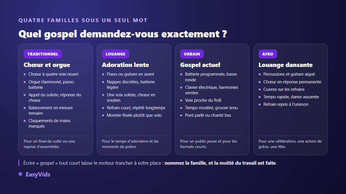 Les quatre familles du gospel comparées pour un chant de louange généré par IA : gospel traditionnel, louange contemporaine, gospel urbain et louange afro