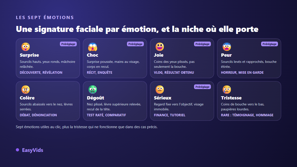 Les sept émotions d'une miniature YouTube avec leur signature faciale et la niche où elles fonctionnent