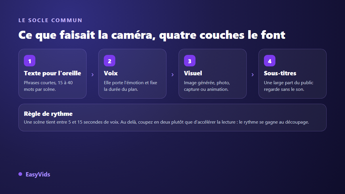 Anatomie d'une vidéo sans caméra : texte écrit pour l'oreille, voix, visuel et sous-titres, avec la règle de rythme de 5 à 15 secondes par scène