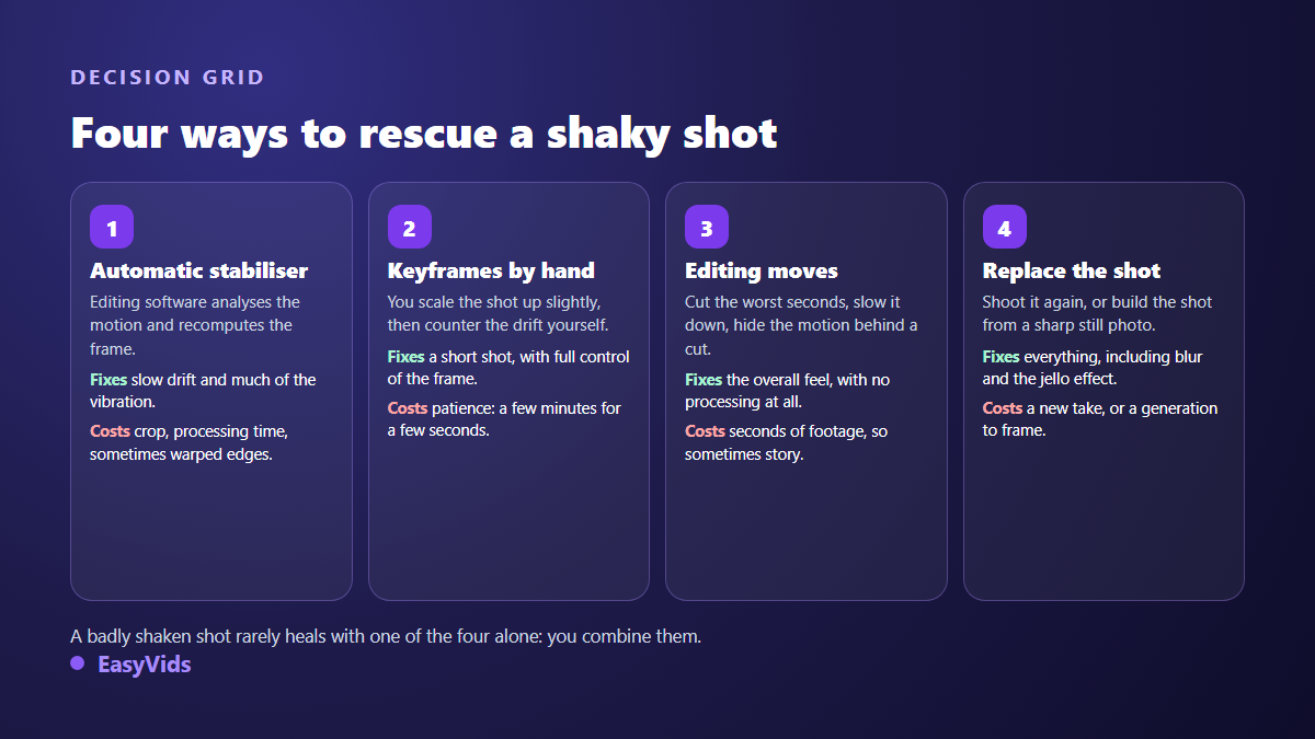 Four ways to fix shaky video: automatic stabilizer, manual keyframes, editing moves, replacing the shot
