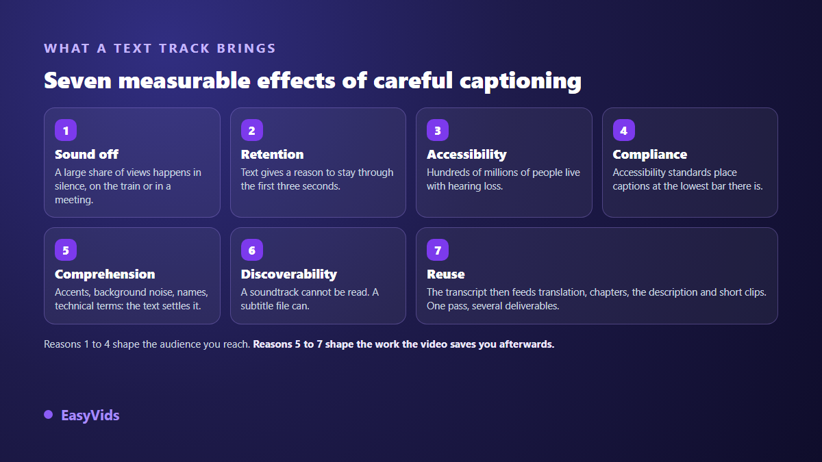 The seven reasons to caption a video: sound off viewing, retention, accessibility, compliance, comprehension, discoverability and transcript reuse
