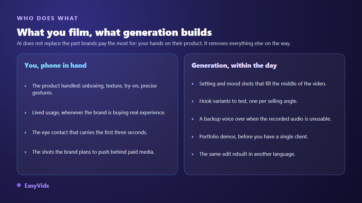 Split of work between the UGC creator filming the product and AI generation building settings, hook variants and voice over