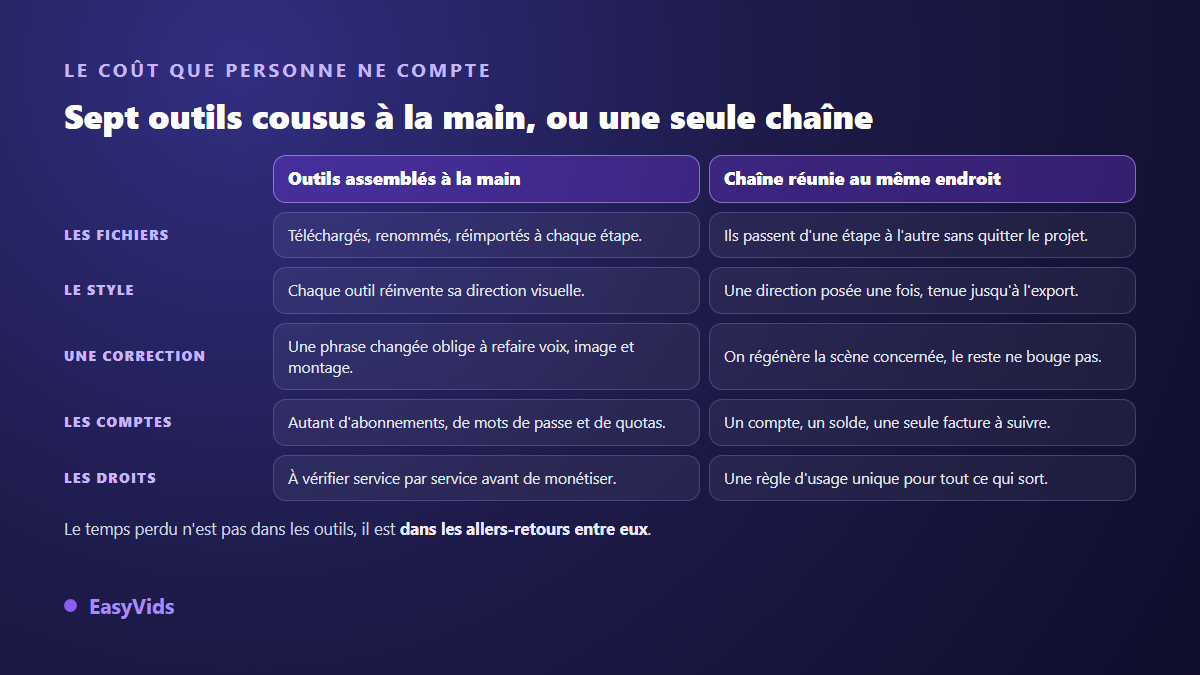 Comparaison entre une chaîne d'outils IA assemblés à la main et une chaîne de création réunie au même endroit