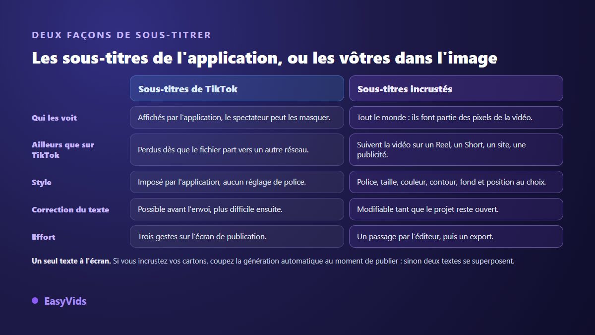 Comparaison entre les sous-titres automatiques de TikTok et des sous-titres incrustés dans l'image, sur cinq critères