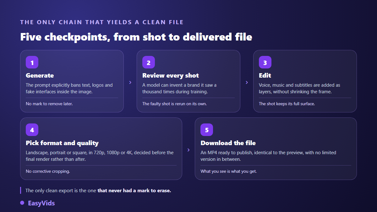 Clean AI video export chain in five checkpoints, from generation to the downloaded file
