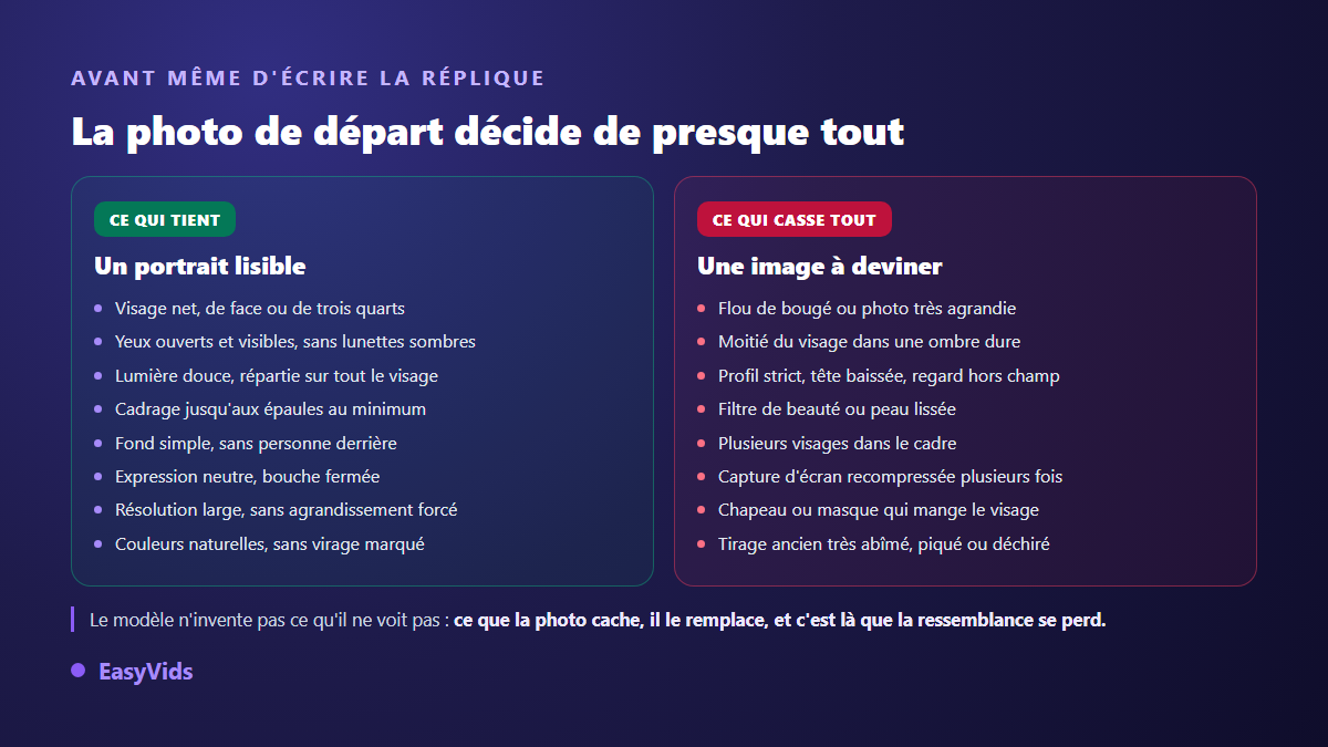 Comparaison entre une bonne photo de départ pour une vidéo parlante et une image qui dégrade le résultat