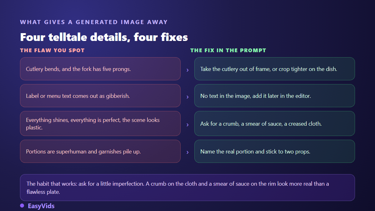 Common AI food photography mistakes and their fix in the prompt: warped cutlery, garbled text, plastic looking perfection