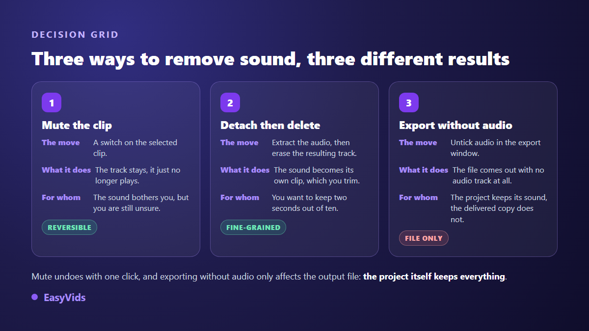 Decision grid for removing audio from a video: mute the clip, detach the audio track or export without sound