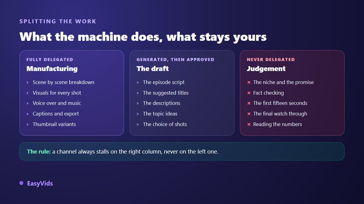 Task split on an automated YouTube channel: delegated manufacturing, generated then approved drafts, and judgement kept by the creator