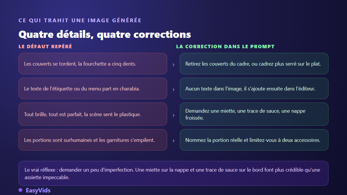 Erreurs fréquentes d'une photo de plat IA et leur correction dans le prompt : couverts déformés, texte illisible, rendu trop lisse
