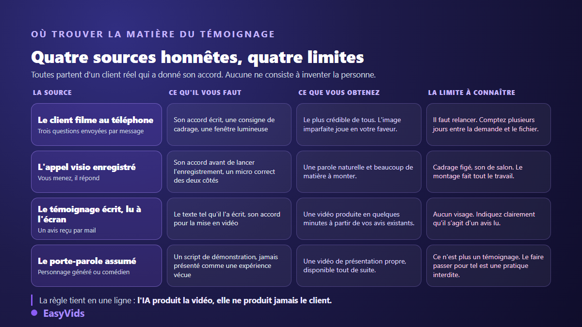 Quatre sources pour un témoignage client vidéo : le client filme au téléphone, l'appel visio enregistré, l'avis écrit lu à l'écran, le porte-parole assumé