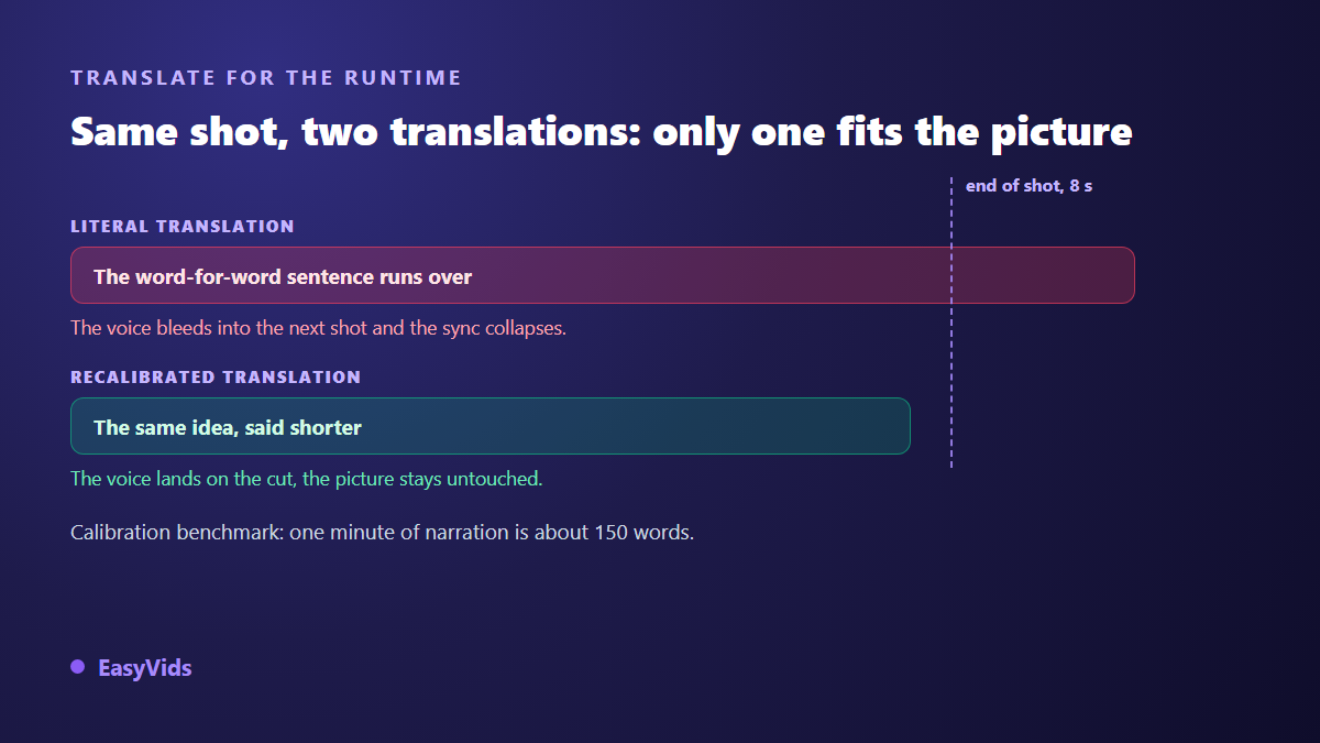 A literal translation overrunning its shot compared with a translation recalibrated to duration in AI dubbing