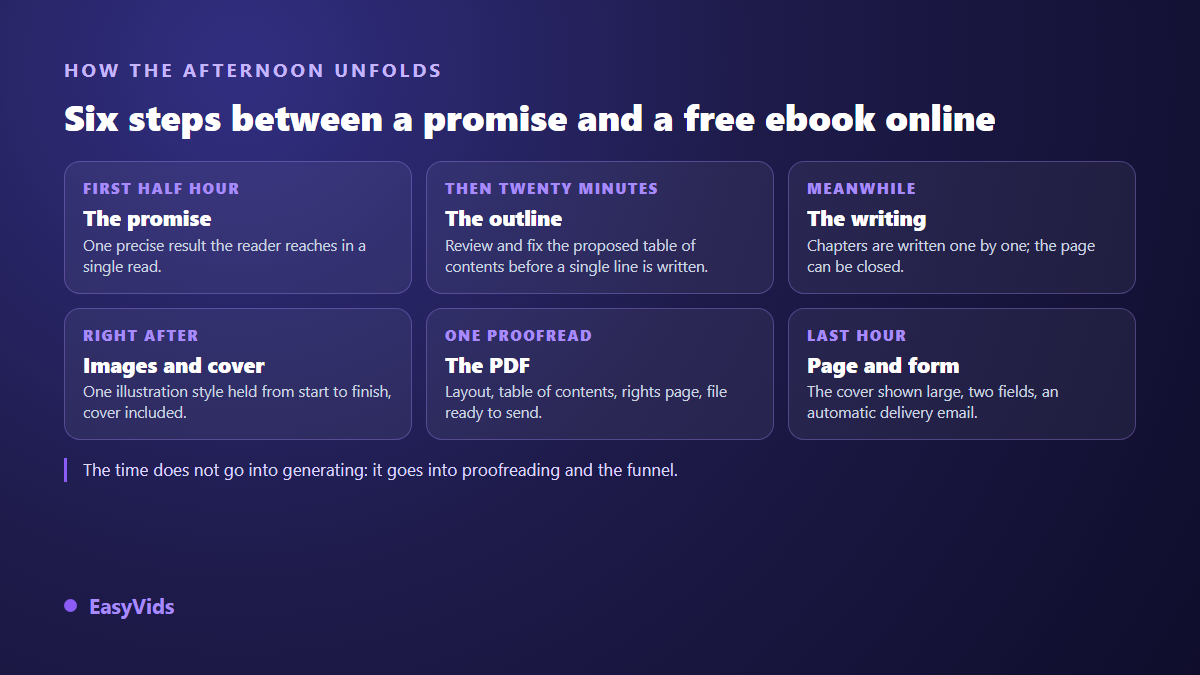 The six steps of an afternoon spent producing a free ebook: promise, outline, writing, images, PDF, page and form