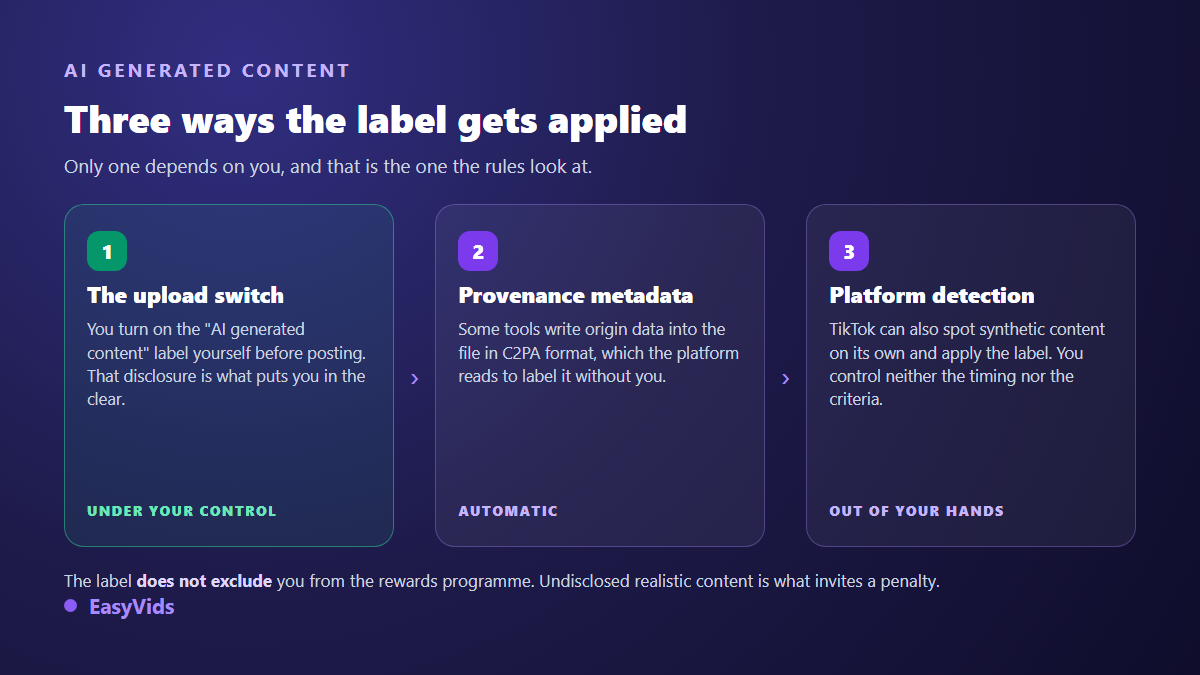 The three ways an AI-generated label lands on a TikTok video: manual disclosure, C2PA content credentials, platform detection