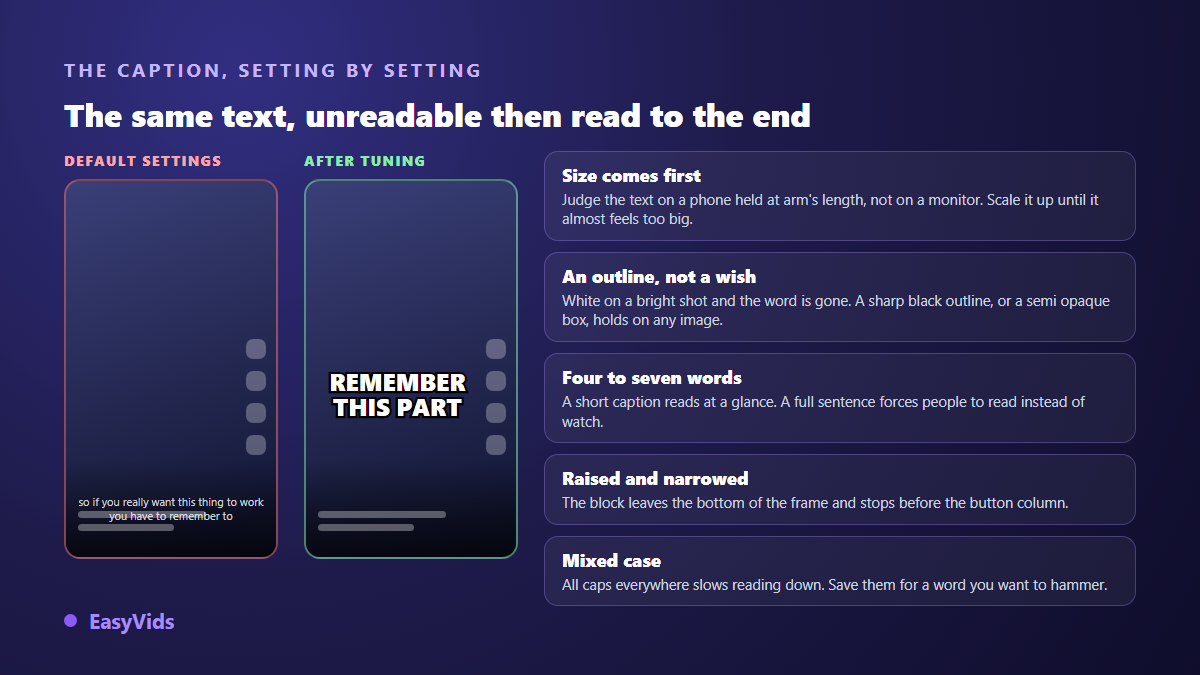 Before and after settings on a TikTok caption card: size, black outline, text length and placement