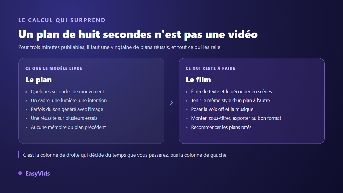 Comparaison entre ce qu'un générateur vidéo IA livre, le plan, et ce qu'il reste à faire pour obtenir un film publiable