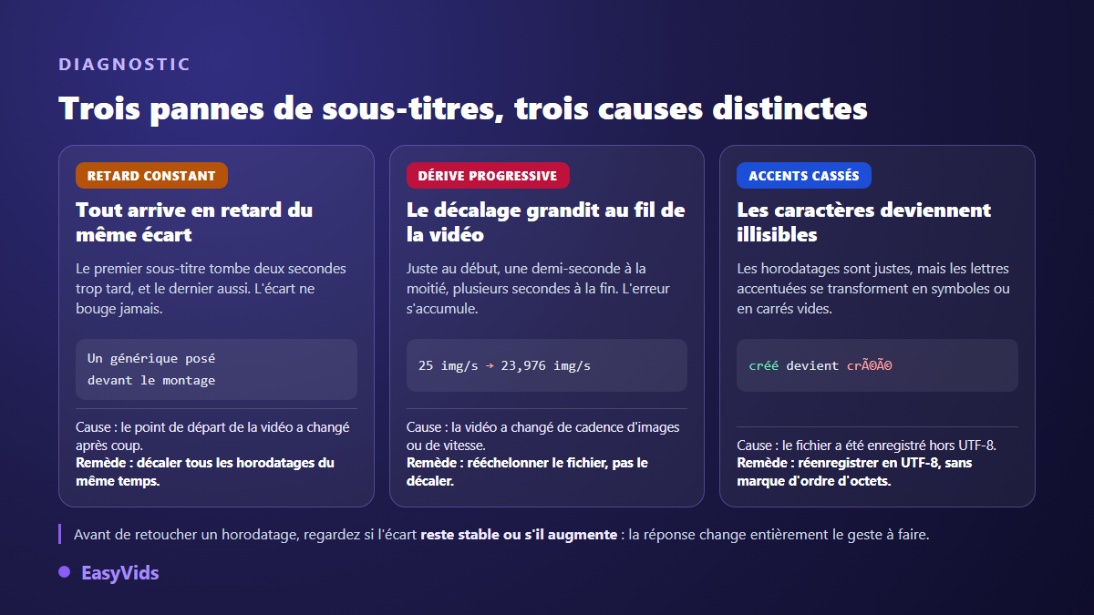 Diagnostic d'un décalage de sous-titres SRT : retard constant, dérive progressive et accents cassés