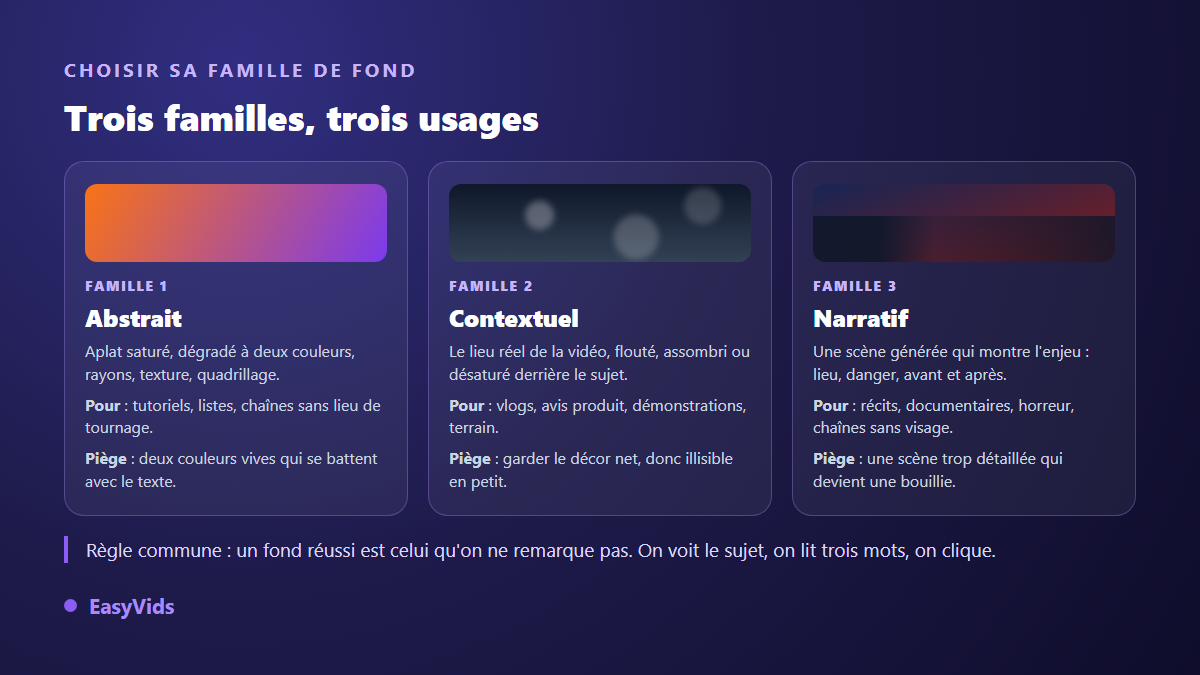 Trois familles d'arrière-plans de miniature : abstrait, contextuel et narratif, avec leurs usages et leurs pièges