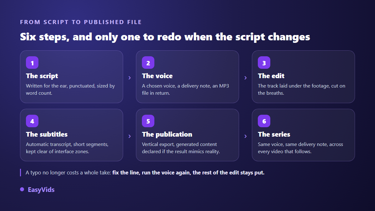 The six steps of a TikTok voice over: calibrated text, voice generation, editing, captions, publishing and series consistency