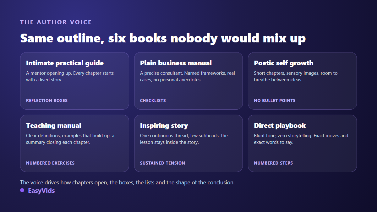 Six possible author voices for an AI generated ebook, from the intimate practical guide to the direct playbook