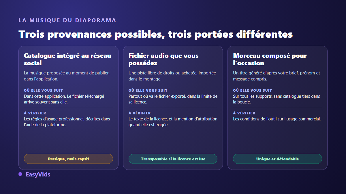 Trois provenances de musique pour un diaporama gratuit : catalogue du réseau social, fichier audio sous licence, morceau composé pour l'occasion