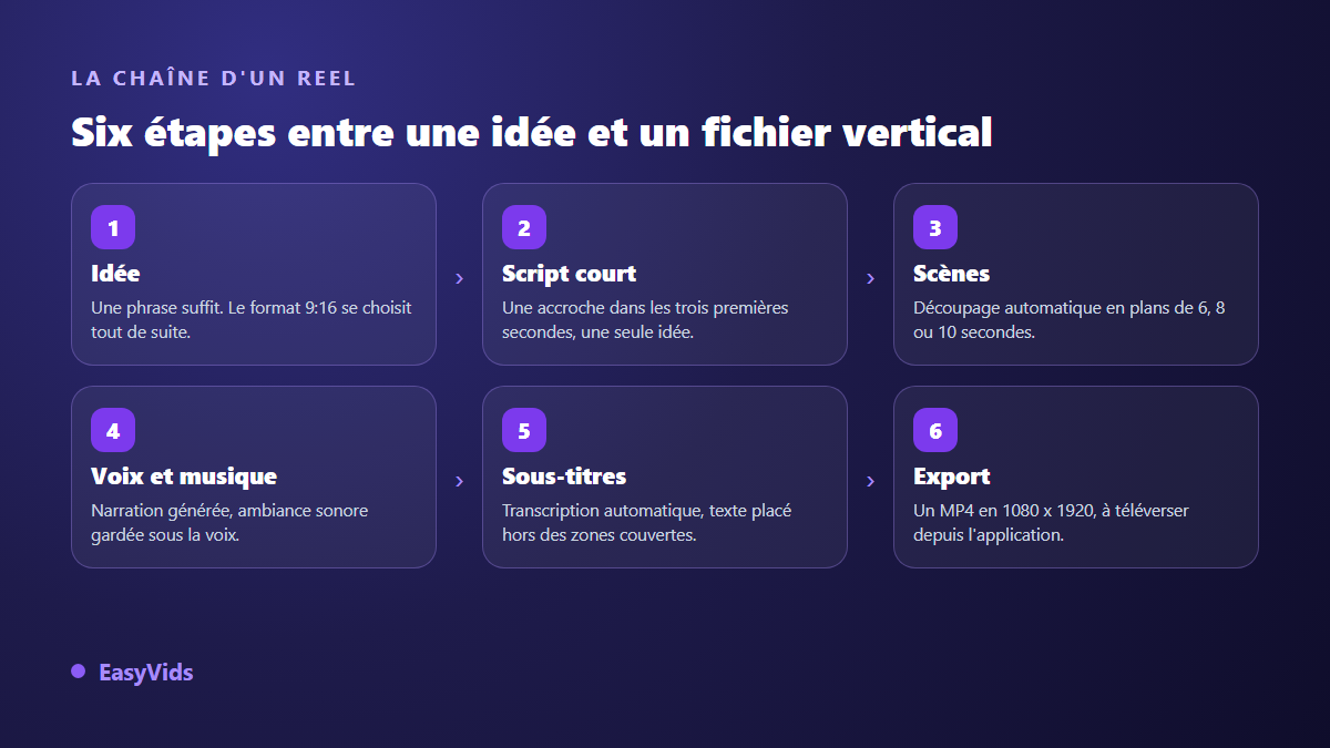 Les six étapes de production d'un reel Instagram par IA, de l'idée à l'export en 1080 x 1920