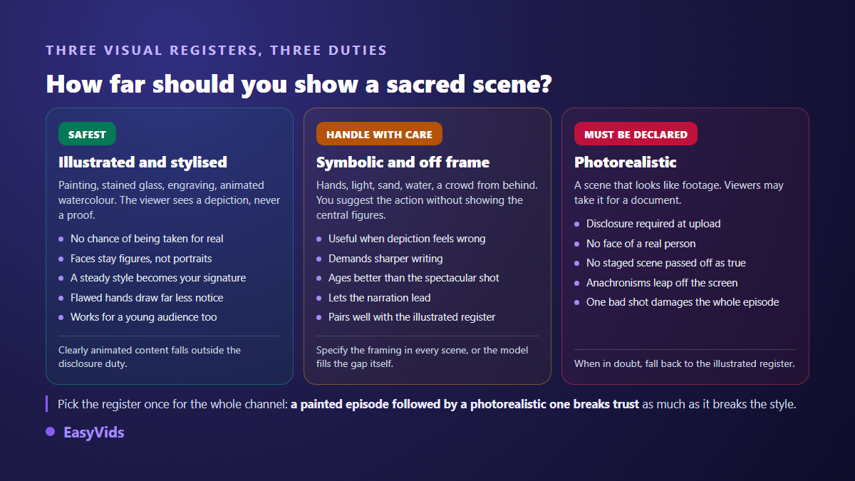 Three visual registers for a faceless bible channel, illustrated, symbolic and photorealistic