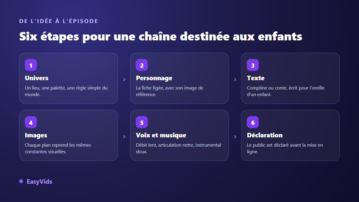 Les six étapes de production d'une chaîne YouTube pour enfants : univers, personnage, texte, images, voix et musique, déclaration du public