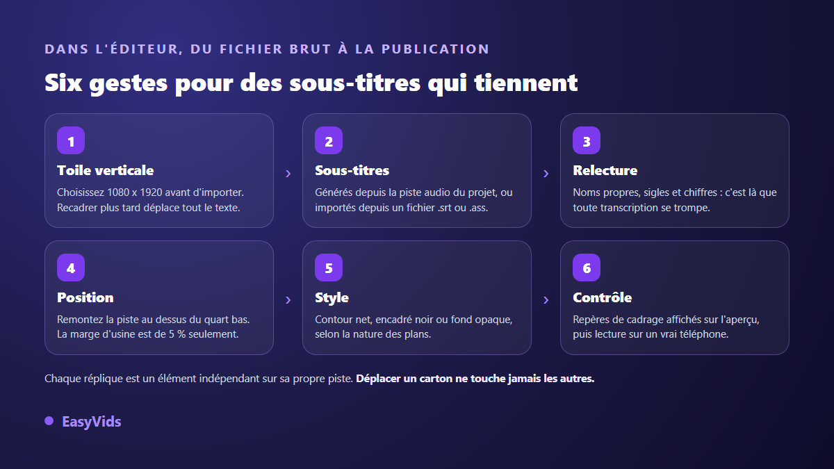 Les six gestes pour régler des sous-titres de vidéo verticale dans un éditeur en ligne : toile, transcription, relecture, position, style, contrôle