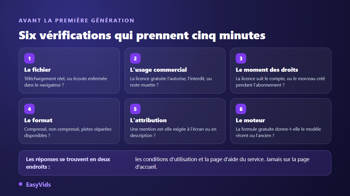 Six vérifications à faire sur un générateur de musique IA gratuit avant de générer : fichier, usage commercial, licence, format, attribution, moteur