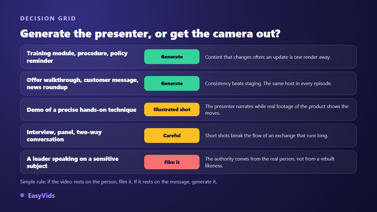 Decision grid: when to use an AI presenter and when to film a real person