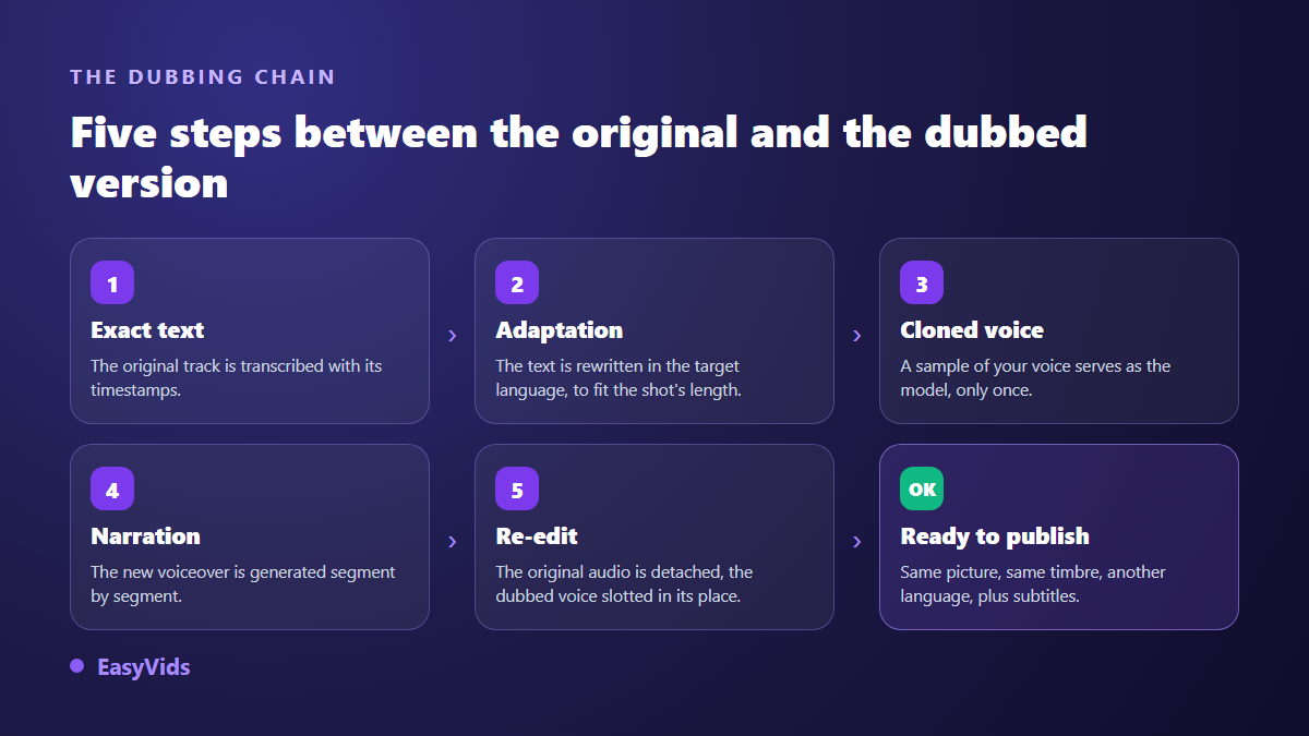 The five steps of AI dubbing: timed transcription, adaptation, voice cloning, narration and re-editing