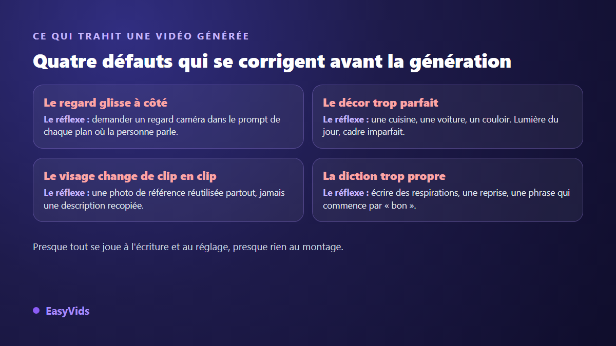 Quatre défauts fréquents des vidéos UGC générées par IA et le réflexe qui corrige chacun d'eux