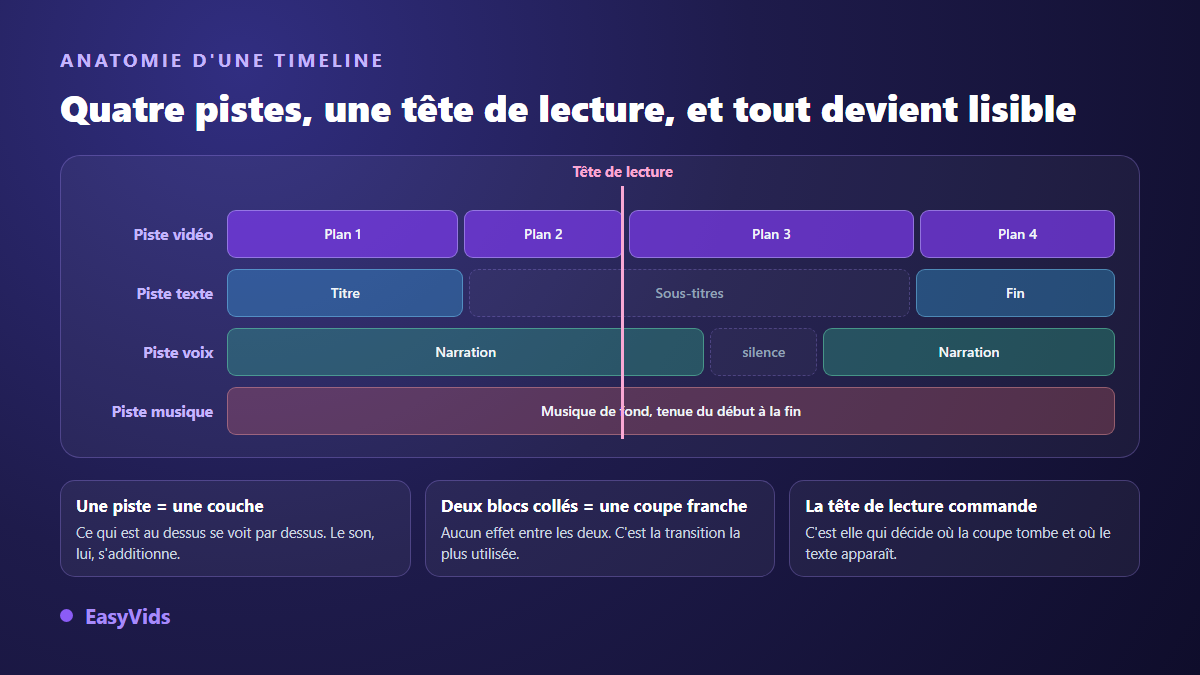 Anatomie d'une timeline de montage vidéo : piste vidéo, piste texte, piste voix, piste musique et tête de lecture