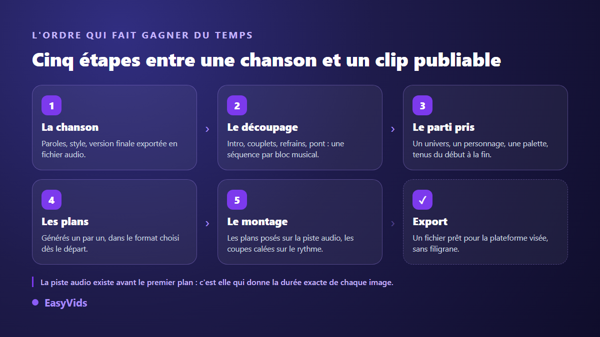 Les cinq étapes d'un clip musical généré par IA : chanson, découpage, parti pris visuel, plans générés, montage sur la piste audio