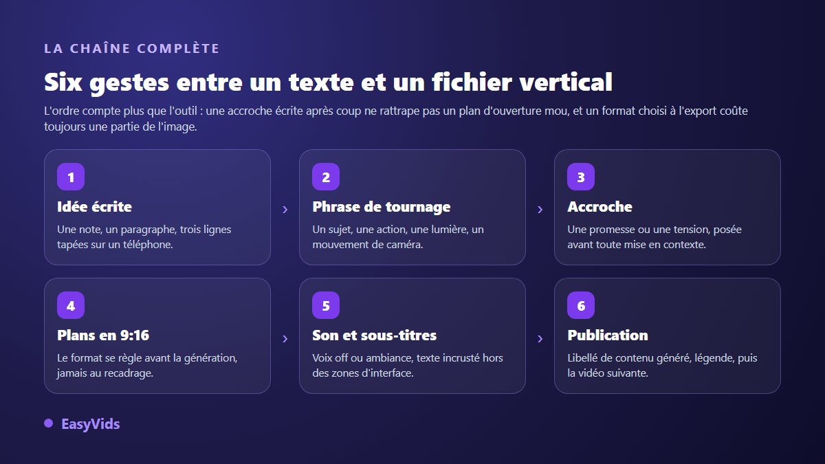 Chaîne de production d'une vidéo TikTok à partir d'un texte : idée écrite, phrase de tournage, accroche, plans verticaux, son et sous-titres, publication
