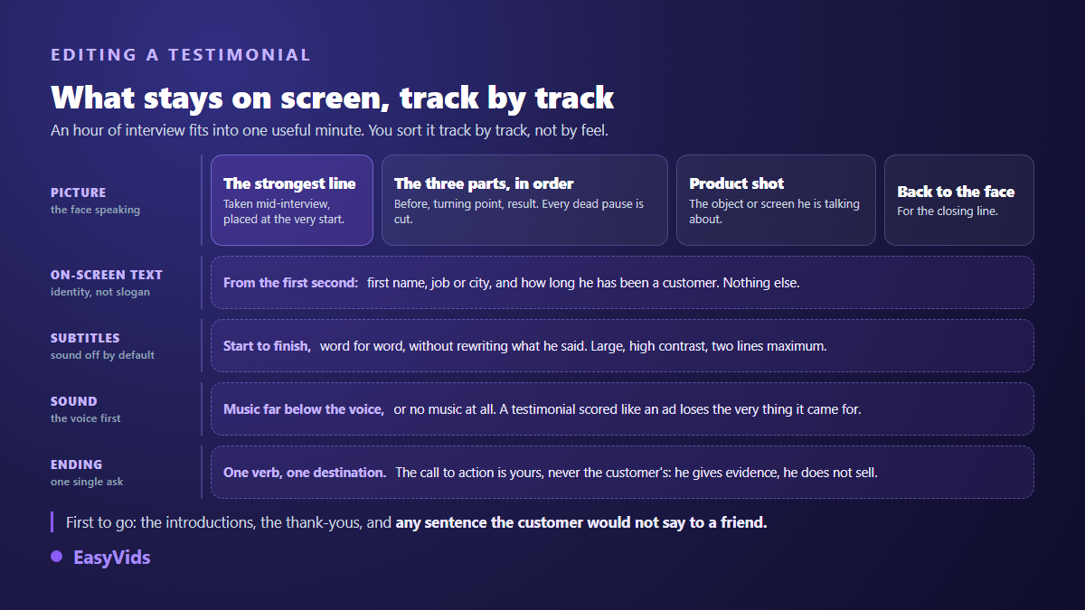Track by track edit of a customer testimonial video: picture, on screen text, captions, sound and closing call to action