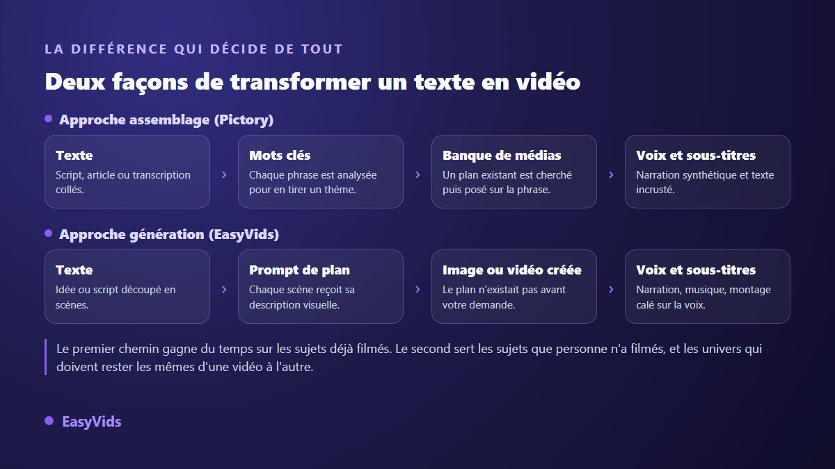 Comparaison entre l'approche assemblage de Pictory, qui pioche dans une banque de plans, et l'approche génération d'un studio vidéo IA