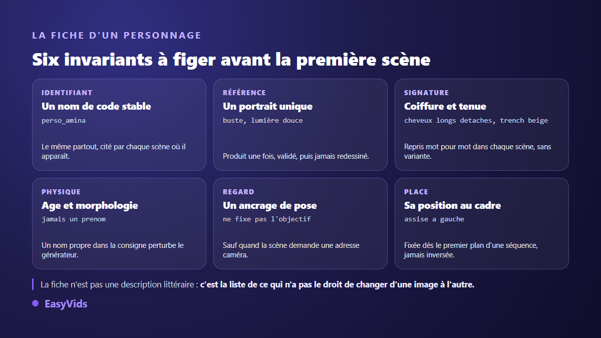 Fiche d'invariants d'un personnage cohérent IA avec identifiant stable, portrait de référence, signature et ancrages de pose