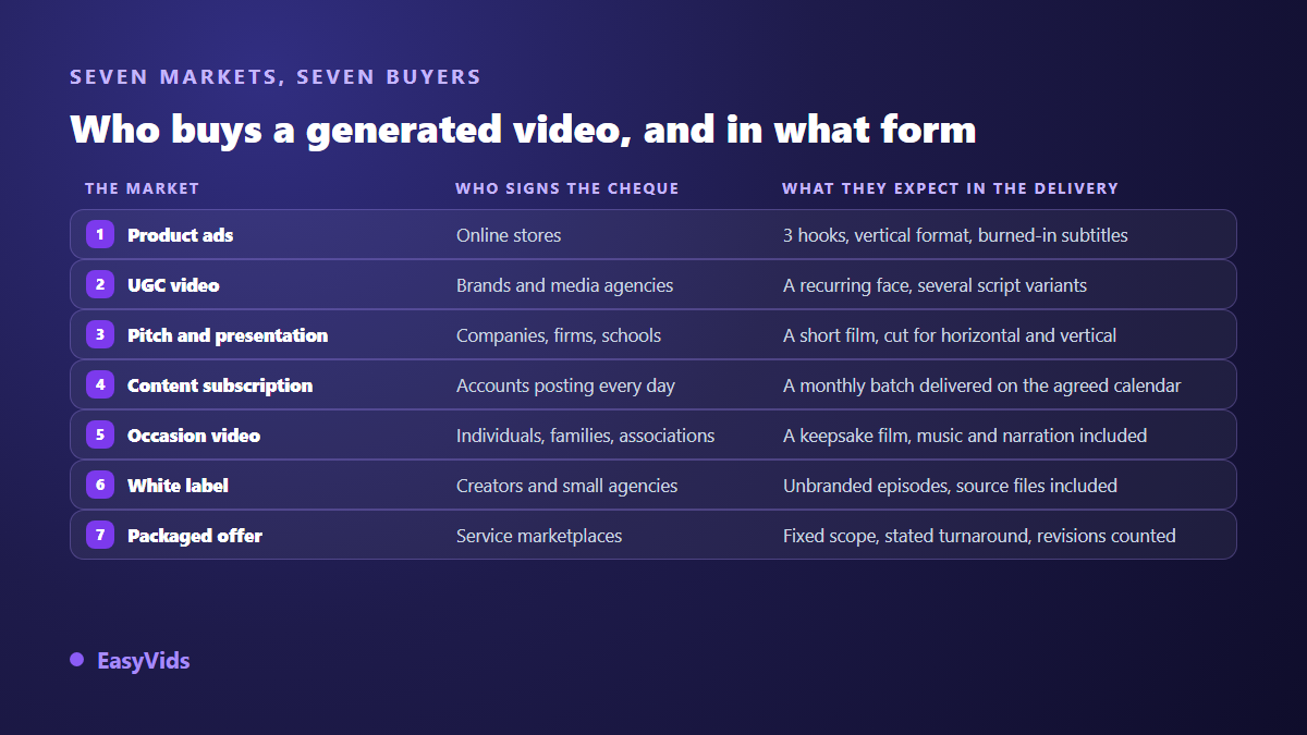 Table of seven ways to sell AI-generated videos, with the typical client and the expected deliverable