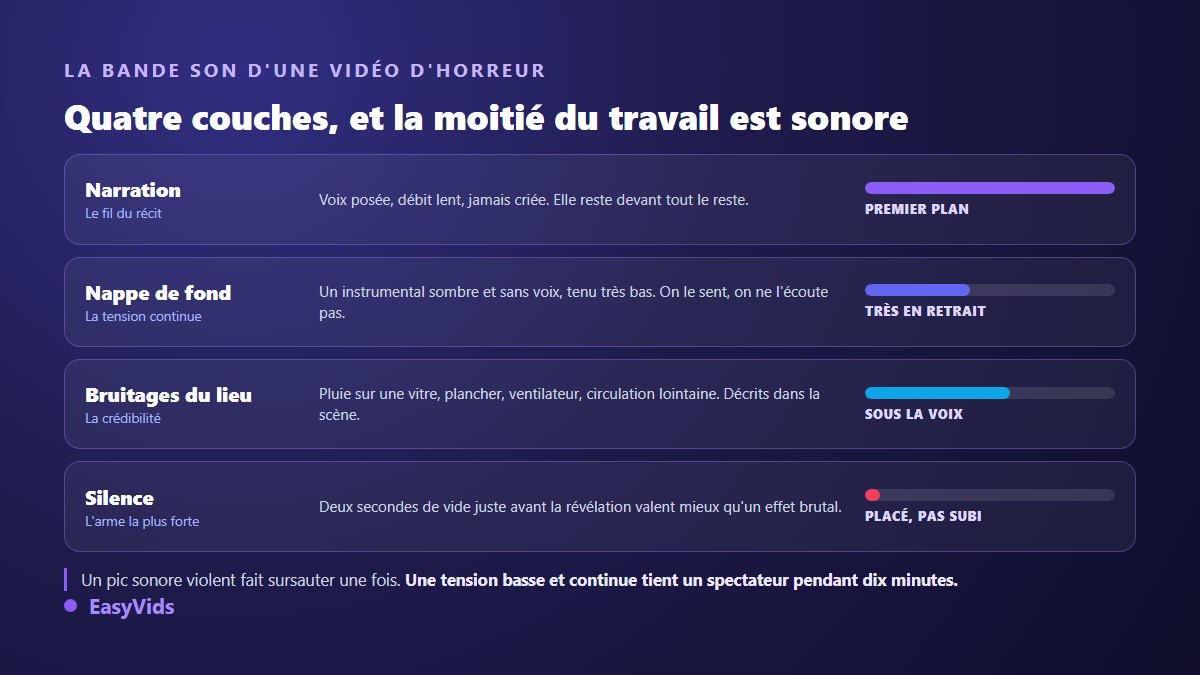 Les quatre couches sonores d'une vidéo d'horreur : narration, nappe de fond, bruitages et silence