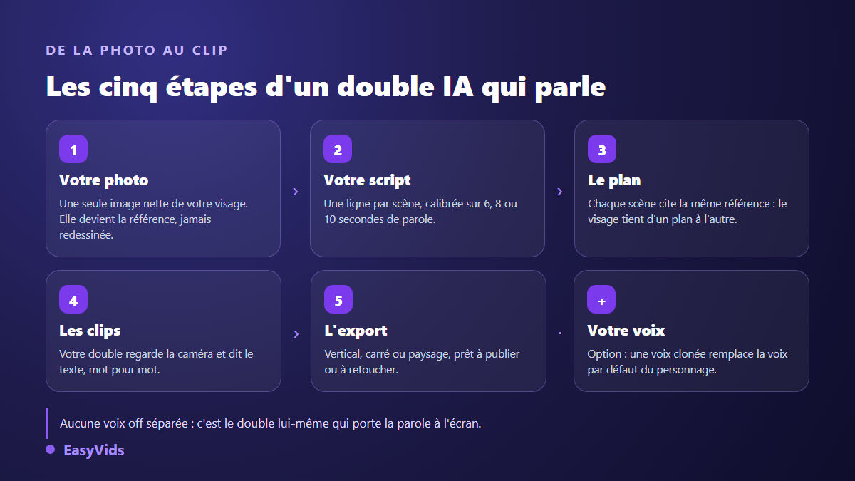 Les cinq étapes pour créer son double IA : photo de référence, script découpé, plan de scènes, clips face caméra et export