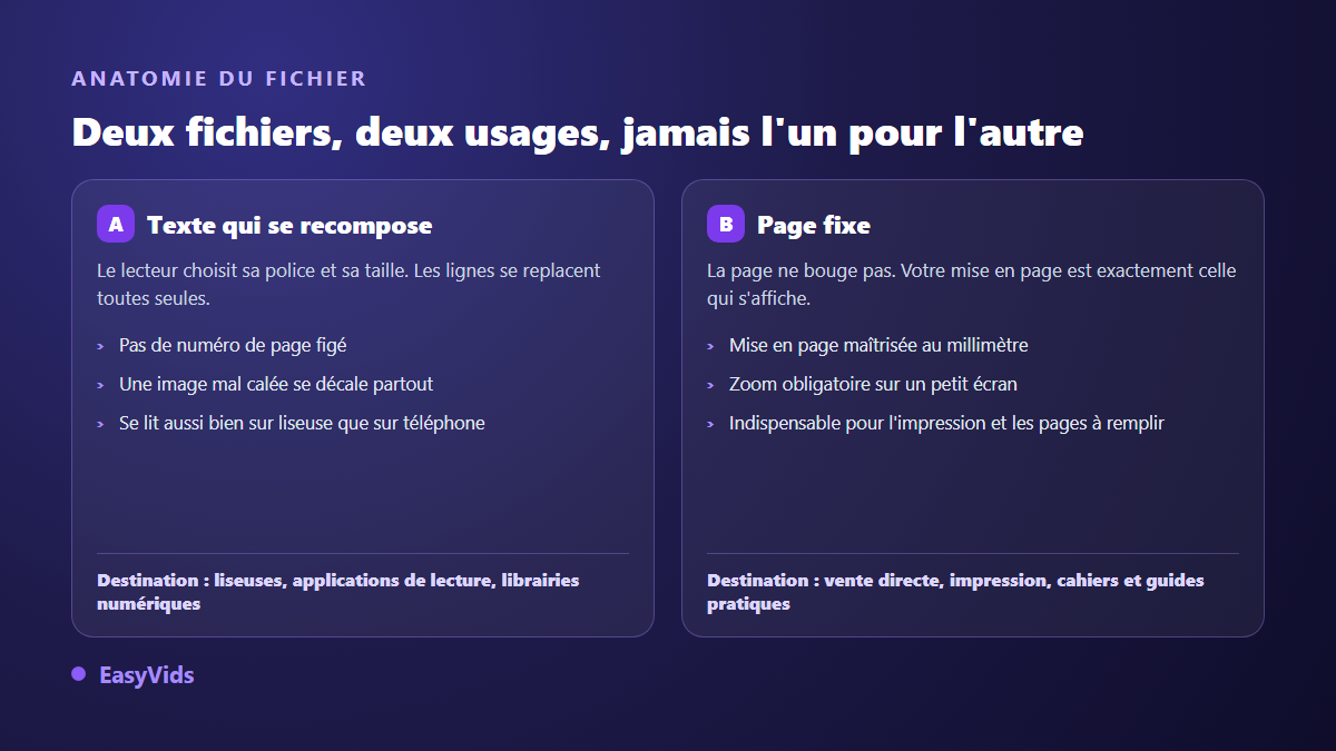 Comparaison entre un fichier ebook qui se recompose et un fichier à page fixe, avec la destination de chacun