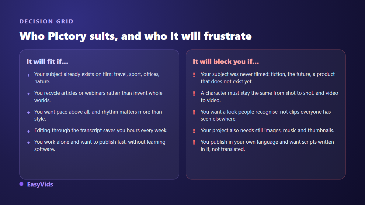 Decision grid showing which projects suit Pictory and which ones need a generative video studio