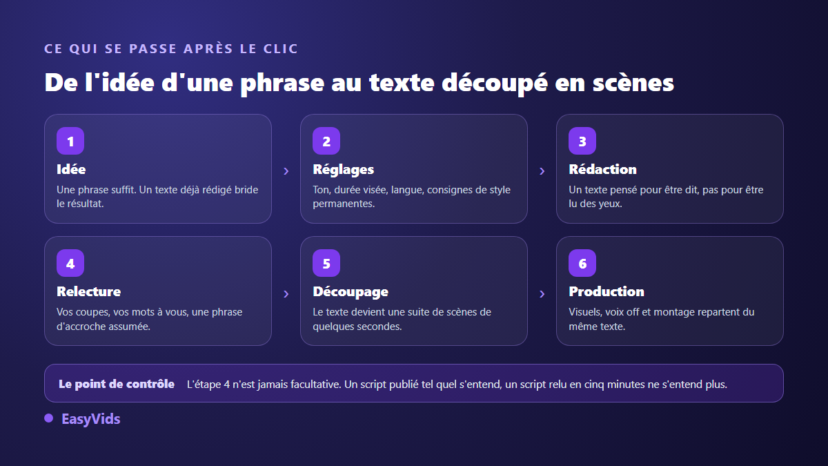Les six étapes d'un générateur de script IA : idée, réglages, rédaction, relecture, découpage en scènes, production