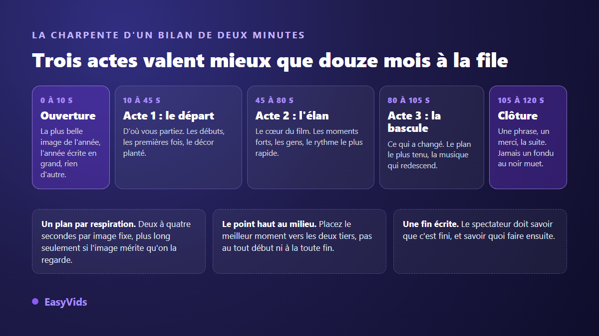 Structure en trois actes d'une vidéo bilan de deux minutes, de l'ouverture à la clôture